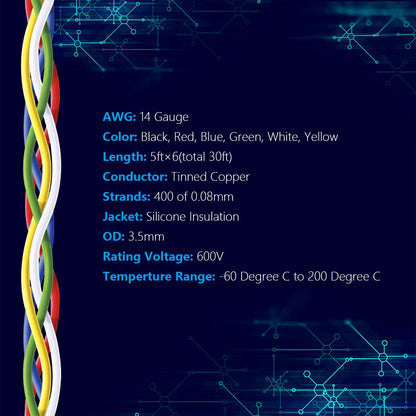 14 Gauge Electrical Wire Silicone Cables Hook up Wire Kit 6 Colors 5Ft Each 14 AWG Stranded Wire from